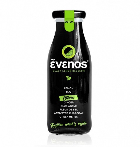 Βιολογική μαύρη λεμονάδα με ενεργό άνθρακα, αγαύη, τζίντζερ, βότανα & στέβια “Evenos” 250ml